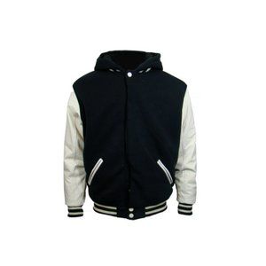Reversible men’s varsity hooded fleece jacket with faux leather sleeve